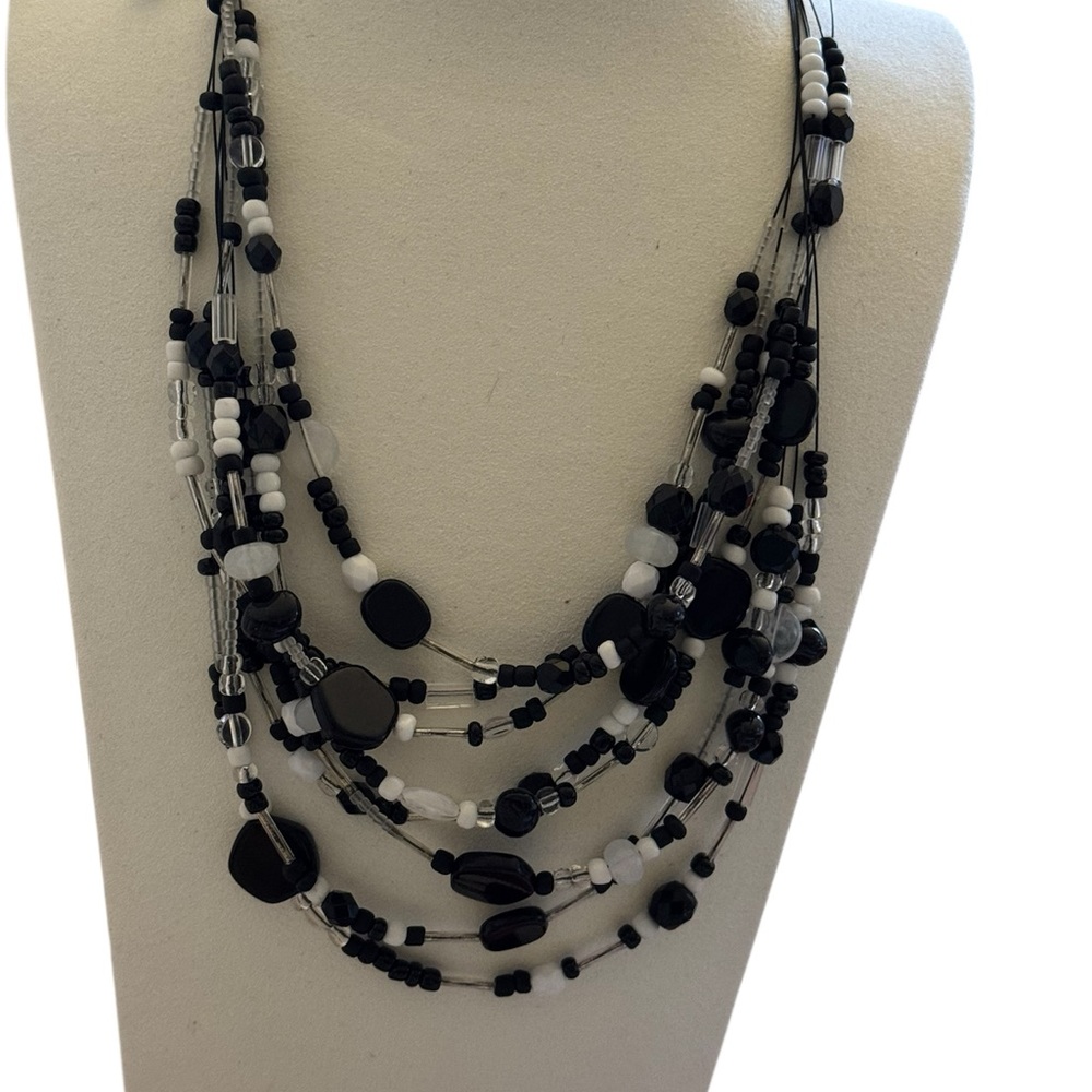 Chico’s signed Elegant Black and White Beaded Multiple Strands Silver Necklace
